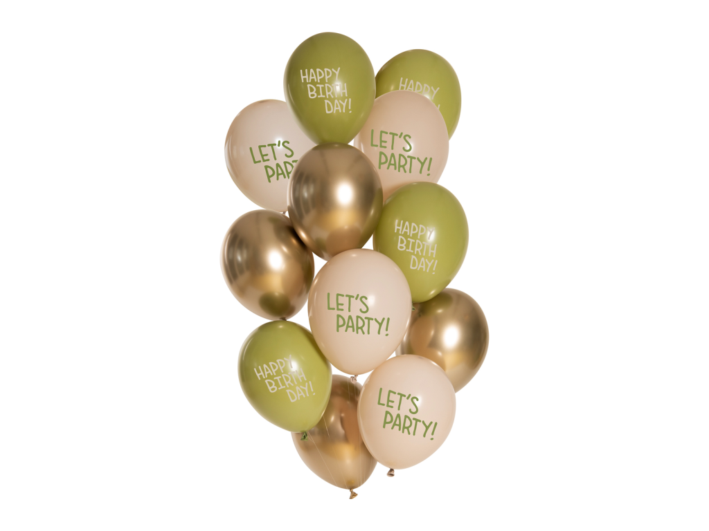 Latexové balónky Golden Olive 33 cm, 12 ks – olivové a zlaté balónky s heliem